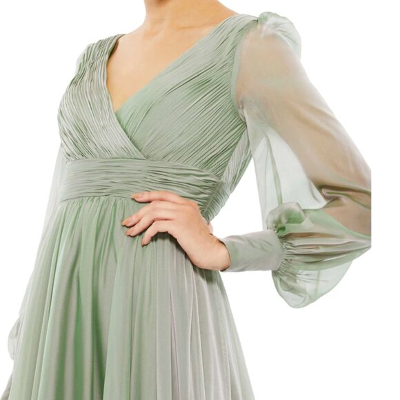 MAC DUGGAL 678641 FAUX WRAP ILLUSIONS BISHOP SLEEVE SAGE TIERED CHIFFON GOWN  4 - Picture 2 of 5